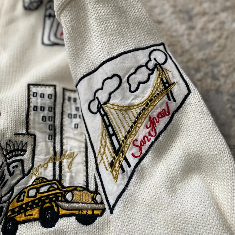 Vintage 90s IB Diffusion White Knit Lined Cardigan Sweater Embroidered Patches S - Picture 5 of 9